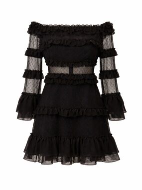 Venus Off-Shoulder Black Ruffle Mini Dress